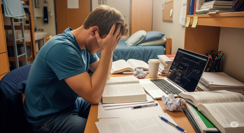 散らかった机の前で、大学生が両手で頭を抱え、集中力を欠いて苦しんでいる様子。机の上には教科書、飲みかけのコーヒー、スマートフォンなど。集中できない悪い環境の象徴。