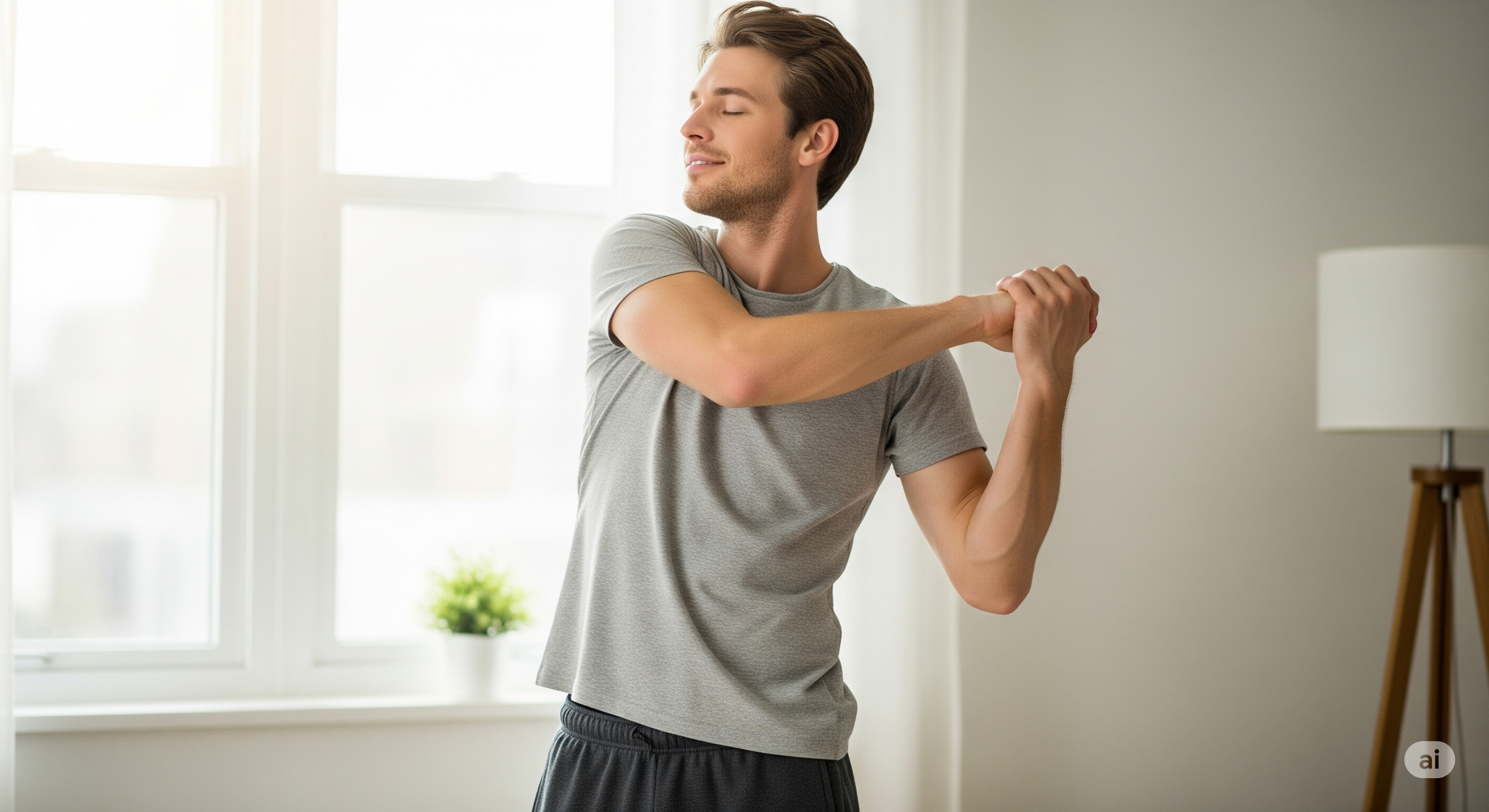 自然光が差し込む窓辺で、若い男性が気持ちよさそうにストレッチをしている姿。集中力を高めるための朝のルーティンと、整った生活環境を表現。木の床や観葉植物も配置。