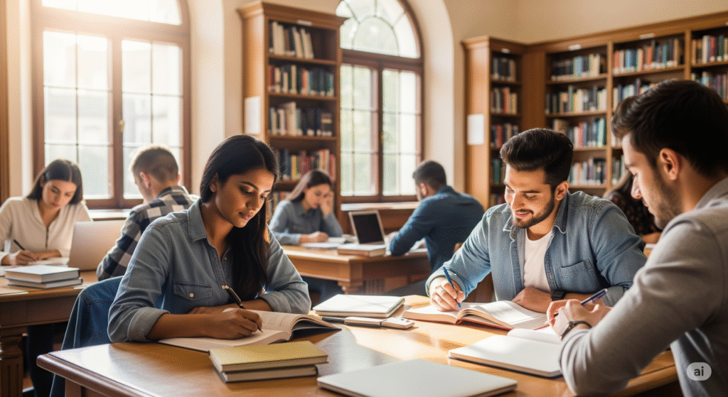 静かな図書館の一角で、大学生のグループが集中して勉強している。整った机、参考書、ノートが並ぶ清潔な環境。集中力が高まる理想的な学習環境を表現。