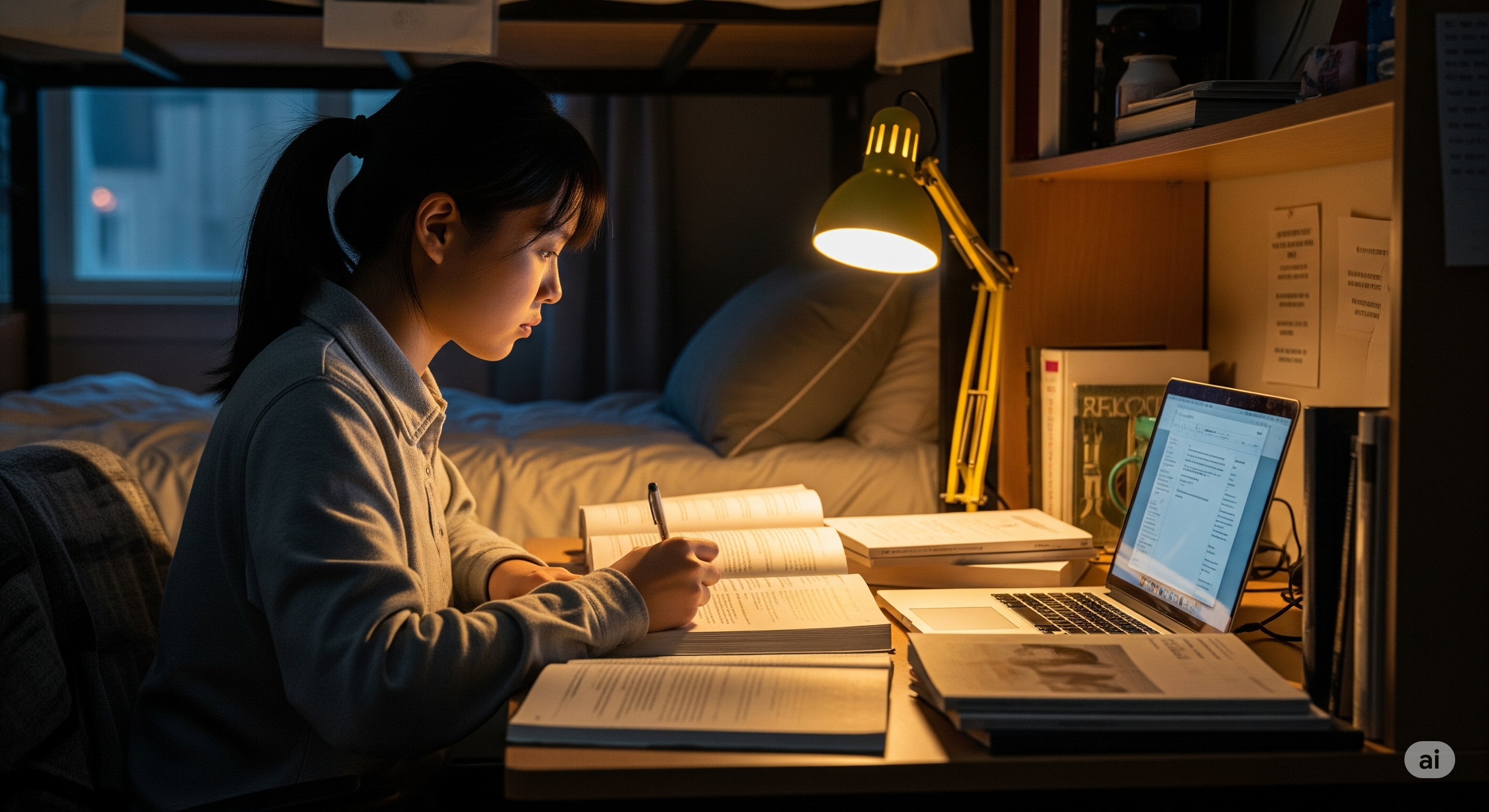 大学の寮の部屋で、夜遅くまで机に向かい集中して勉強する男子大学生。周囲は薄暗く、デスクライトが学習空間を照らす。集中力を持続するための夜の環境。