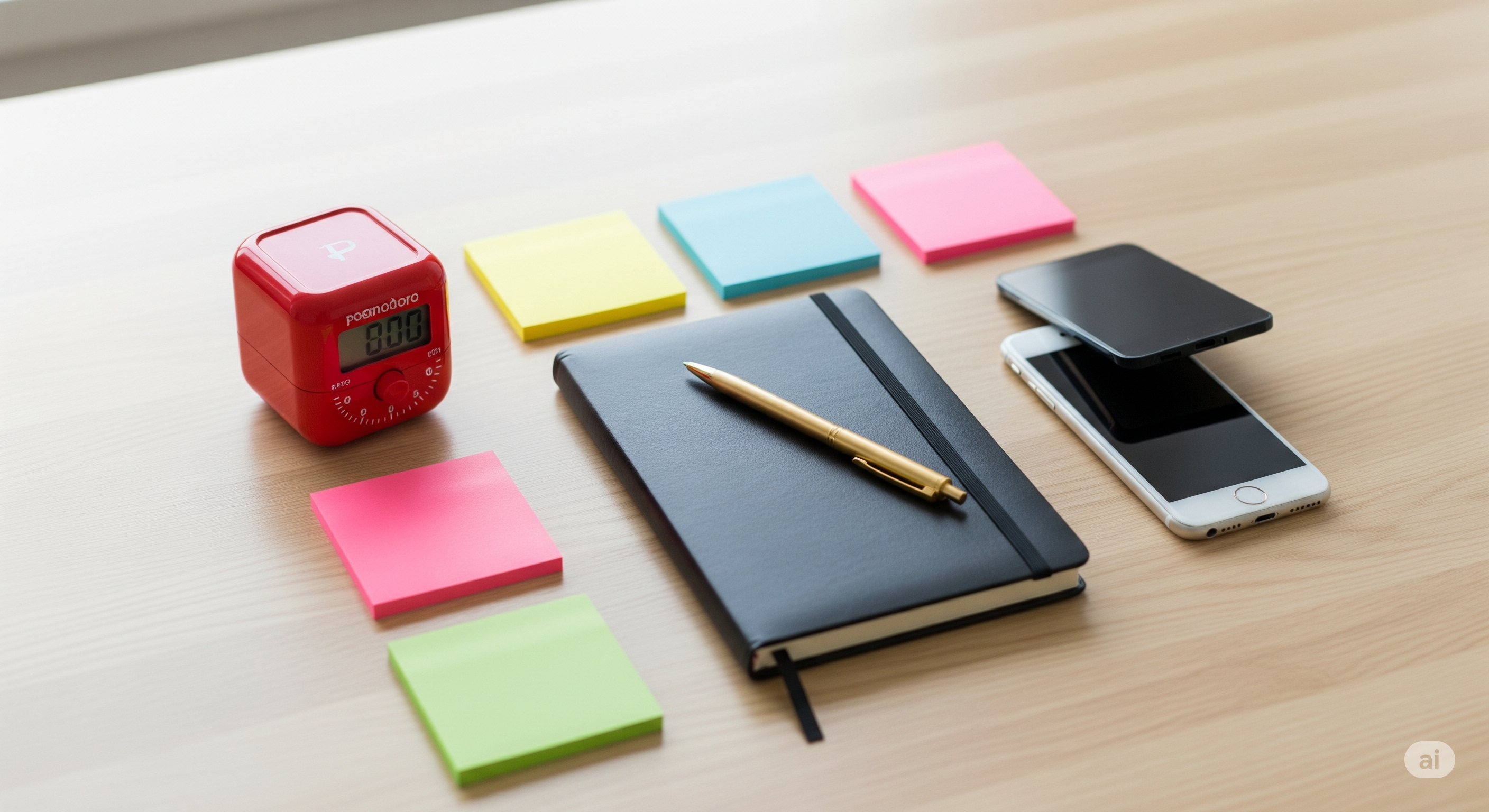 木製の机の上に、ポモドーロタイマー、手帳、付箋、ボールペン、裏返したスマートフォンが整然と並ぶ。集中力を高めるために整えられた作業環境を俯瞰で表現。