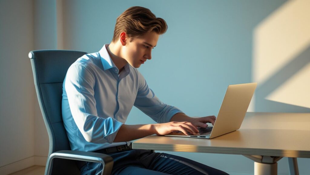 デスクワーク社会人がストレッチ方法を調べている様子