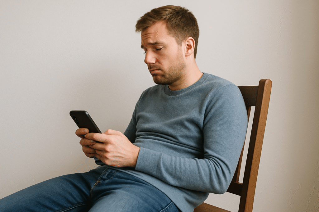 骨盤後傾位になっている男性の写真、NG姿勢