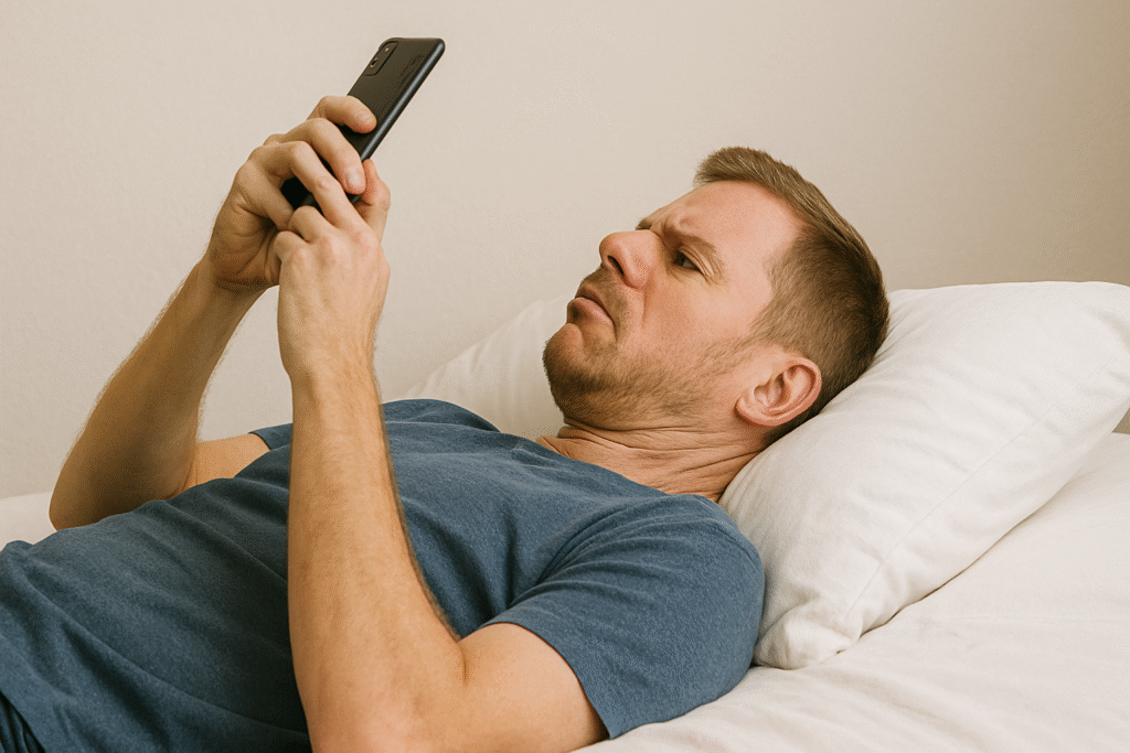 寝転んだままスマホをみている男性、猫背のNG姿勢