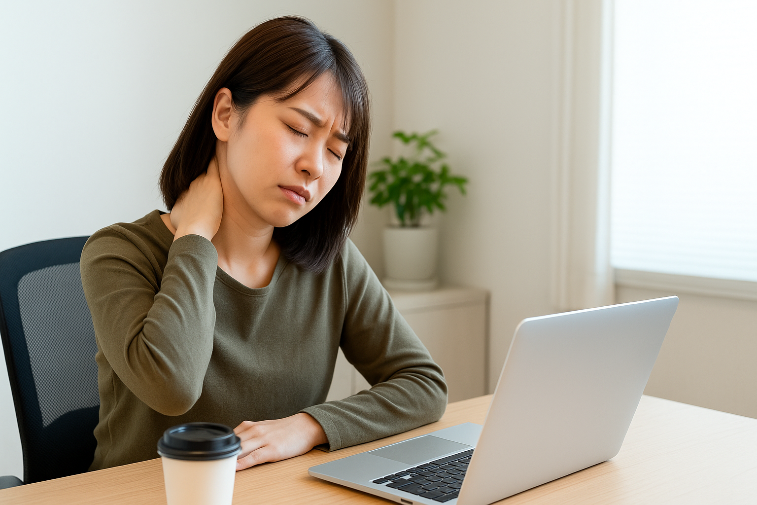 デスクワーク中に肩こりや疲労を感じている人の写真