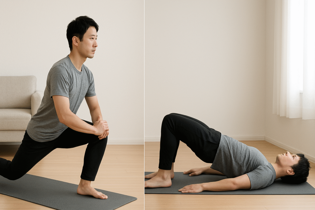 デスクワーク社会人がランジとヒップリフトをやっている様子