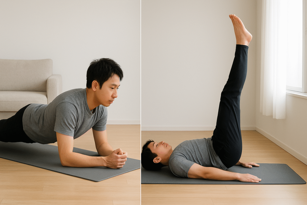 デスクワーク社会人がプランクとレッグレイズをしている様子